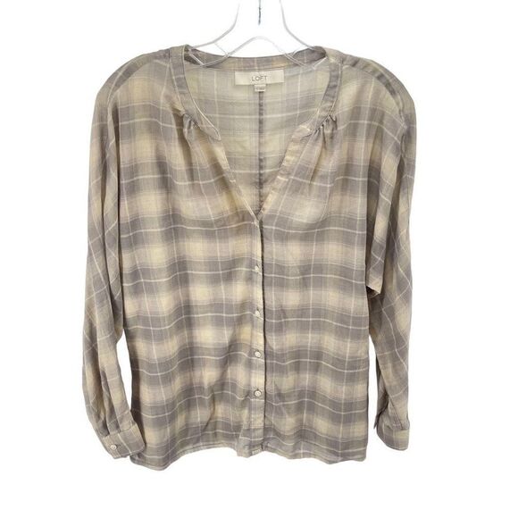 LOFT Womens Button Down Blouse Windowpane Lightweight Long Sleeve Beige Small - Picture 3 of 12